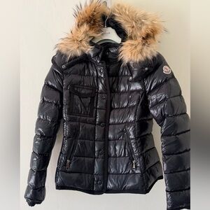 Moncler Shiny Black Puffer Jacket with Fur Trim